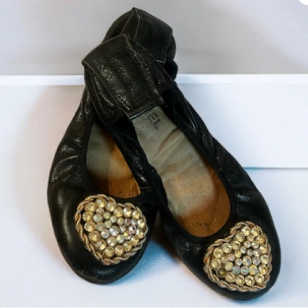 Chanel Black/Gold Leather Camellia Sz 39 EUR 9 US Beaded Scrunch Ballet Flat